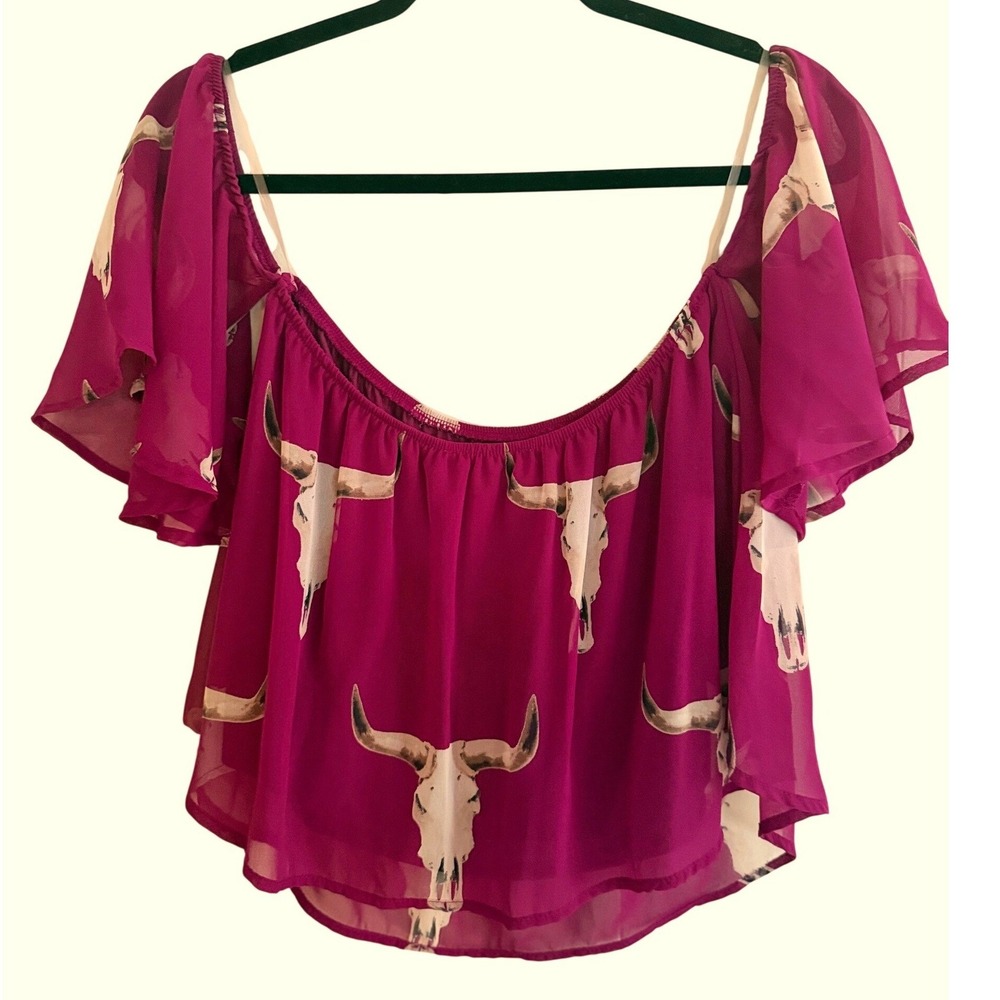 Westerncore Cowgirl Boho Festival Womens Small Pink Magenta Steer Skull Crop Top